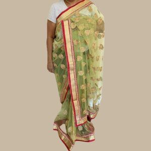 Lime Green Pink Net Saree Gold Zari Buti Motif Wedding indian sari mehndi sheer